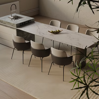 Elegant Modern Dining Table Set With Marble Top And 6 Grey Chairs 3d model