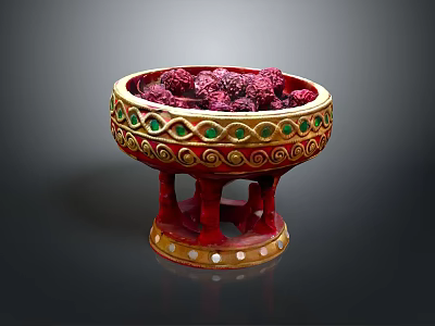 Ornamental Red Gold Bowl Decor Set With Green Patterns On Carved Stand White Accents 3d model