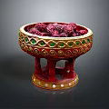 Ornamental Red Gold Bowl Decor Set With Green Patterns On Carved Stand White Accents