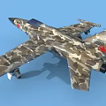 Camouflage Painted Fighter Jet With Sharp Nose Landing Gear On Blue Background