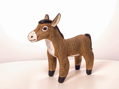 Cute Brown Stuffed Donkey Toy with White Belly Black Ears and Hooves on White Background 3d model