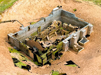 Ancient Ruins Landscape With Square Structure Green Moss On Sandy Ground And Remaining Walls 3d model