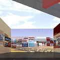 Exhibition Hall Interior Featuring Display Boards Images Text Brand Logos And Blue Sky Decor