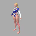 Woman in Blue White Outfit with Sunglasses Number Four on Chest Standing Arms Outstretched
