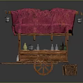 Traditional Wooden Street Cart Featuring Red Canopy And Assorted Bottles Baskets