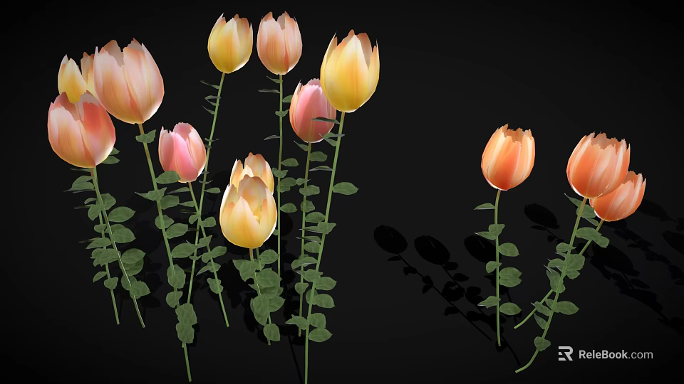 Colorful Tulips With Pink Yellow Orange Petals Green Stems And Leaves On Black Background 3d model 
