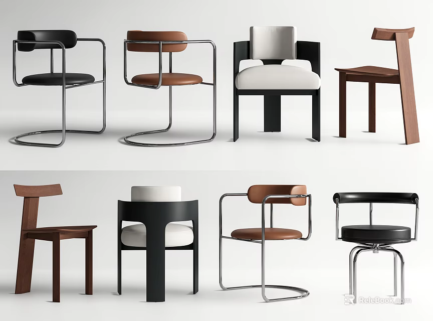 Modern Dining Chairs In Various Styles With Wooden Metal Frames And Upholstered Seats 3d model 