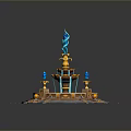 Ornate Decorative Household Fountain With Blue Water Flow Golden Accents And Stone Brick Base
