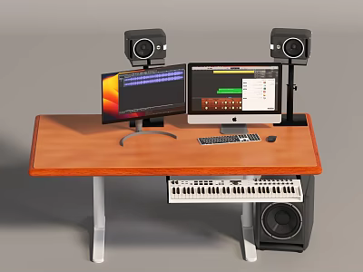 Modern wooden desk computer speaker keyboard electronic organ monitor 3d model