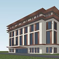 Modern Office Building With White Exterior Brown Layered Roof Large Glass Windows Green Lawn And Trees