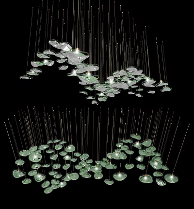 Modern Artistic Chandelier With Glass Leaf Shaped Pendants And Metallic Wire Suspension 3d model