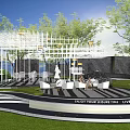 Modern Commercial Street With Lush Greenery Leisure Seating And Scenic Water Features