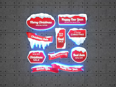 Festive Christmas New Year Sale Decorations With Special Offers And Red Banners 3d model