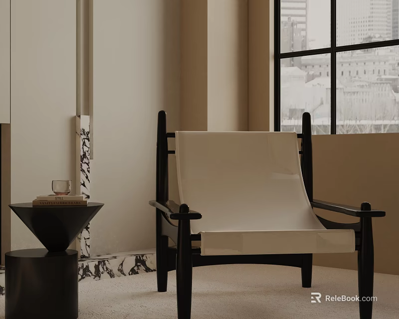 Stylish Cream Leather Lounge Chair With Black Frame In Modern Interior With Window And City View 3d model 