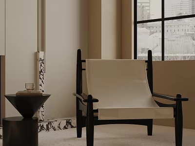 Stylish Cream Leather Lounge Chair With Black Frame In Modern Interior With Window And City View 3d model