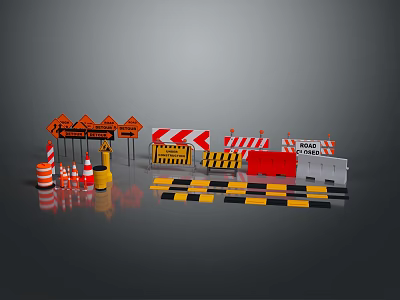 Traffic Safety Equipment With Warning Signs Cones Barriers Lights And Striped Tapes 3d model