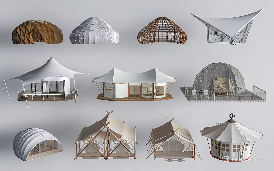 Various Stylish Camping Tents With Unique Designs For Outdoor Campsite Experience 3d model 