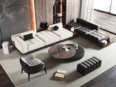 Modern Living Room Sofa Coffee Table Combination With L shaped Design And Round Wooden Top 3d model