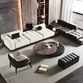 Modern Living Room Sofa Coffee Table Combination With L shaped Design And Round Wooden Top