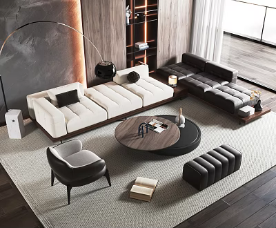 Modern Living Room Sofa Coffee Table Combination With L shaped Design And Round Wooden Top 3d model