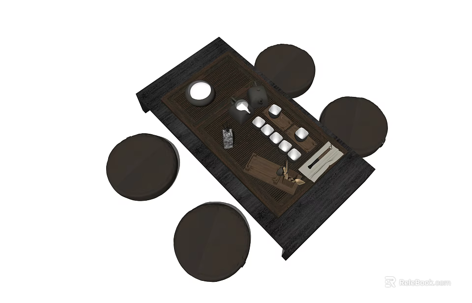 Wooden Tea Table With Round Stools And Tea Set On Tray Surface 3d model 
