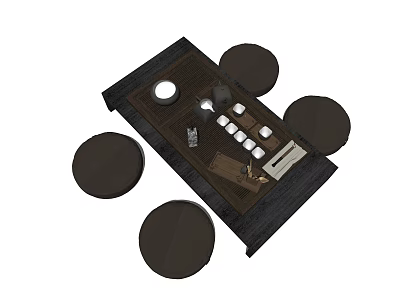 Wooden Tea Table With Round Stools And Tea Set On Tray Surface 3d model