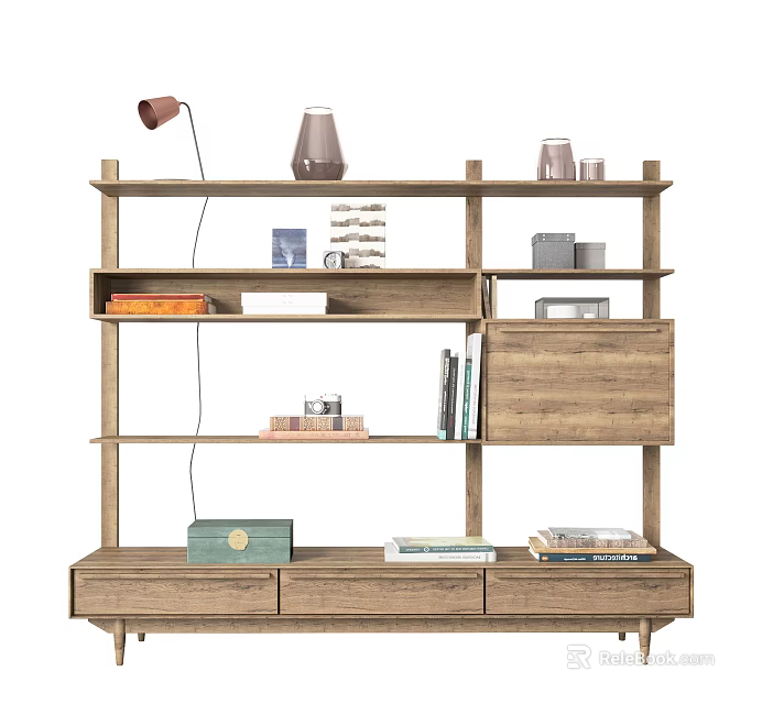 Modern Wooden Bookshelf With Open Shelves Cabinet Books Decorative Items Table Lamp 3d model 