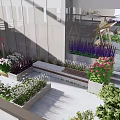 Modern Building Roof Garden With Green Lawn Flower Beds And Outdoor Seating Area