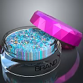 Transparent Glitter Jar With Blue Colorful Glitter Pink Polyhedral Lid And Brand Logo On Base