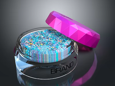 Transparent Glitter Jar With Blue Colorful Glitter Pink Polyhedral Lid And Brand Logo On Base 3d model