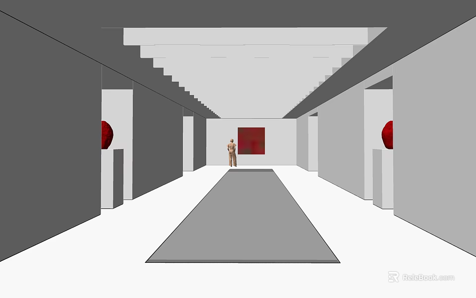 Long Corridor With Gray Carpet And Walls Red Circular Decorations Red Square Painting Person Standing 3d model 