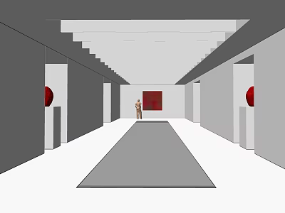 Long Corridor With Gray Carpet And Walls Red Circular Decorations Red Square Painting Person Standing 3d model