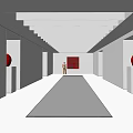 Long Corridor With Gray Carpet And Walls Red Circular Decorations Red Square Painting Person Standing