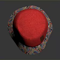 Stylish Red Hat with Colorful Patterned Brim and Leather Patch Design