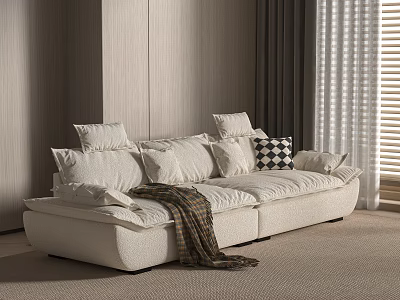 Off White Two Seater Sofa with Checkered Pillows and Cozy Blanket in Minimalist Living Room 3d model