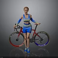 A Woman In Blue And Yellow Sportswear With Arm Sleeves By Red Sport Bicycle