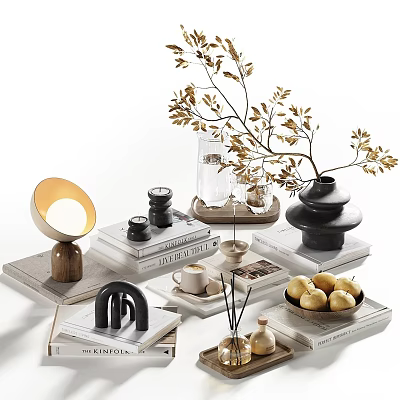 Ornamental Decor Collection with Modern Table Lamp Books Golden Branch Vase Scented Items and Pears 3d model