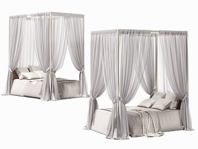 Elegant Modern Double Bed With White Four Poster Canopy And Soft Linen Pillows 3d model