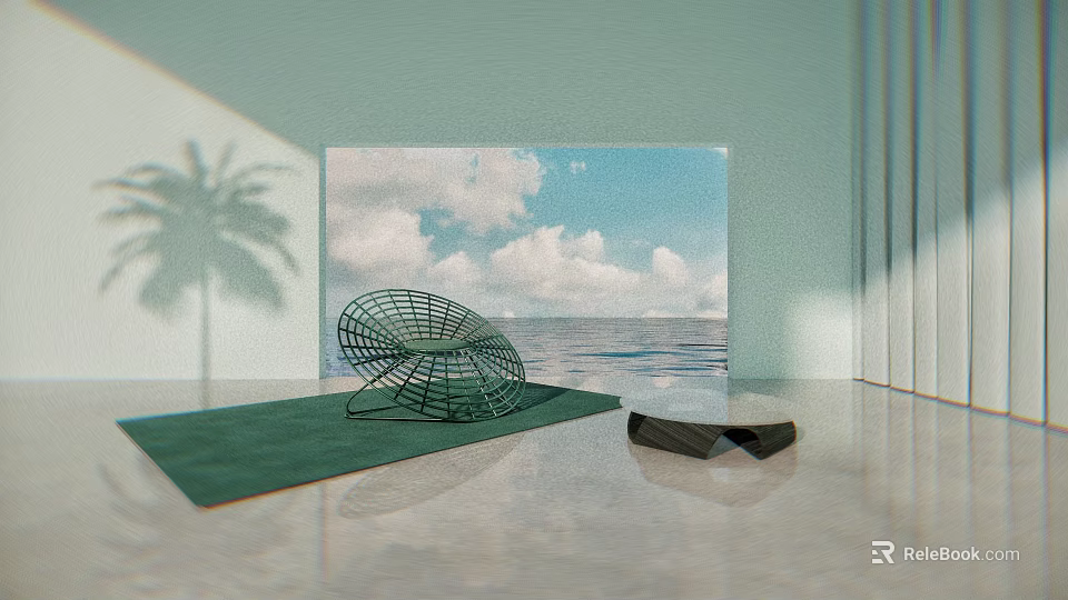 Black Metal Woven Single Chair on Green Rug with Ocean Painting and Palm Tree Shadow 3d model 