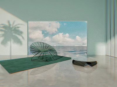 Black Metal Woven Single Chair on Green Rug with Ocean Painting and Palm Tree Shadow 3d model