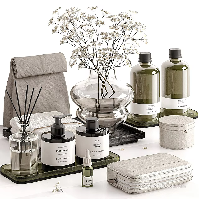 Stylish Daily Washing Essentials With Bottles Diffusers Towels And Storage Boxes On Modern Trays 3d model 