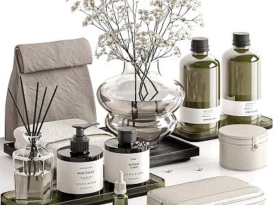 Stylish Daily Washing Essentials With Bottles Diffusers Towels And Storage Boxes On Modern Trays 3d model