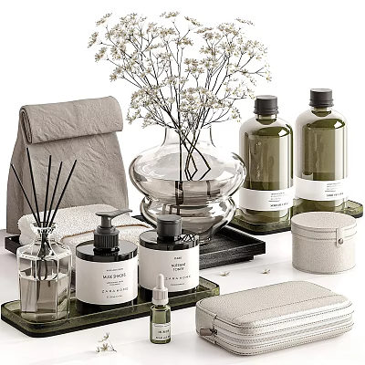 Stylish Daily Washing Essentials With Bottles Diffusers Towels And Storage Boxes On Modern Trays 3d model