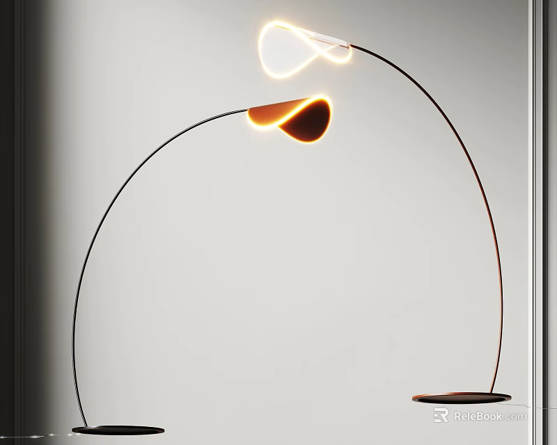 Modern Minimalist Floor Lamp With Curved Arc Design White Brown Shade And Circular Base 3d model 
