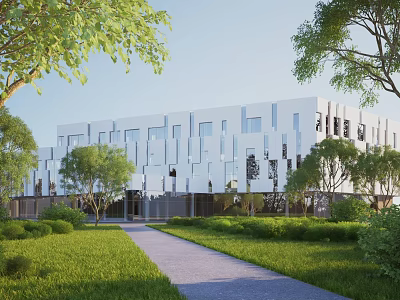 Modern Office Building With White Glass Facade Green Trees Lush Lawn And Stone Pathway 3d model