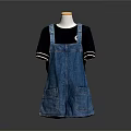 Blue Denim Overalls Shorts With Black T-shirt White Striped Cuffs And Pockets
