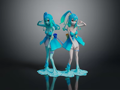 Two Blue Haired Bunny Ears Game Movie Character Figures With Blue Dresses And Flowing Base 3d model