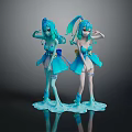 Two Blue Haired Bunny Ears Game Movie Character Figures With Blue Dresses And Flowing Base