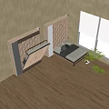 Foldable Wooden Wall Bed Interior Design With Floor Window Blinds And Plant 3d model