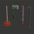 Traditional Hardware Tools With Wooden Handles And Metal Heads Including Axe Chisel Plunger Hook